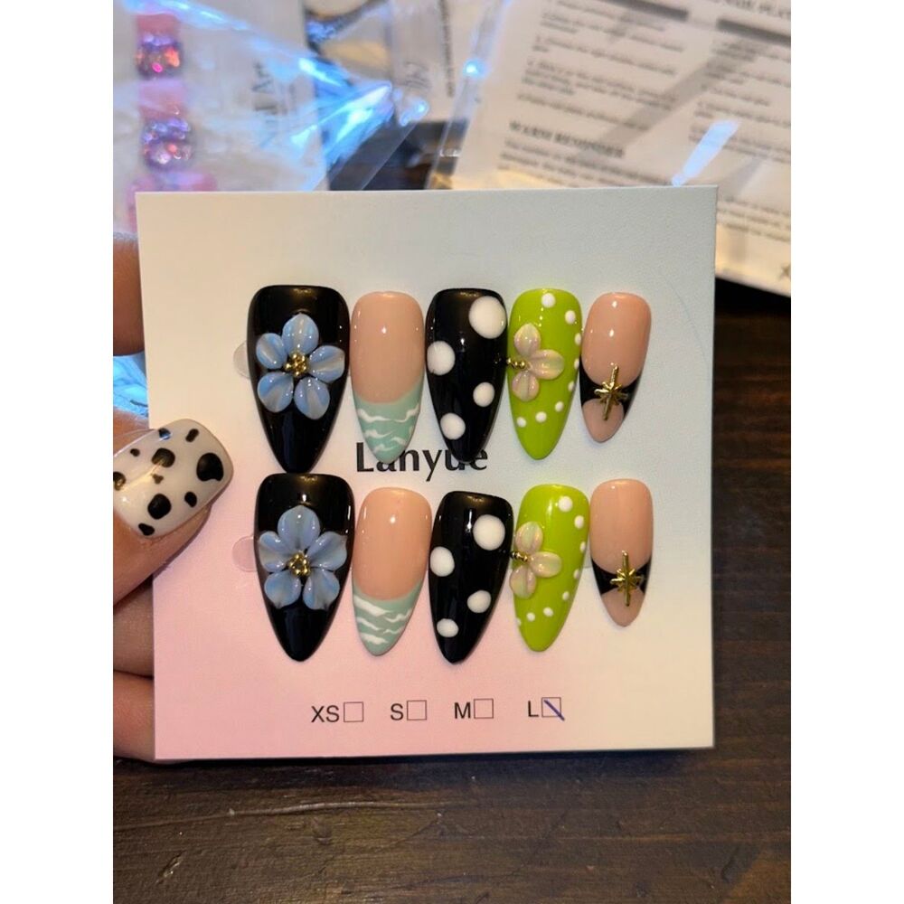 Funky 3D Flower Almond Press On Nails Size Large